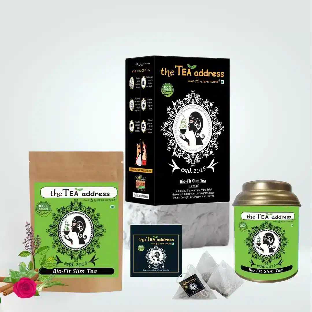 image of bio-fit slim tea in different packings arrangement