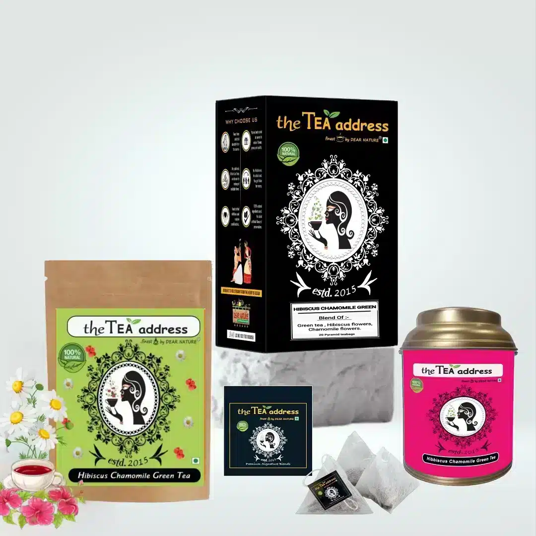 image of different packings of hibiscus chamomile green tea