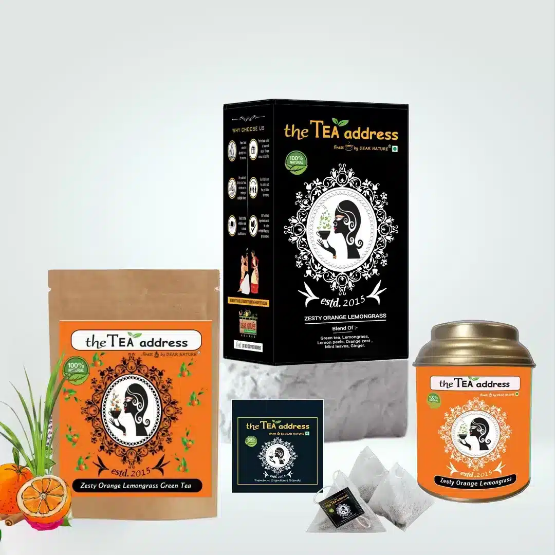 image of zesty orange lemongrass green tea in different packings arrangement