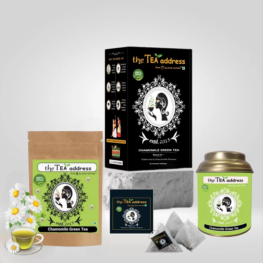 image of chamomile green tea in different packings arrangement