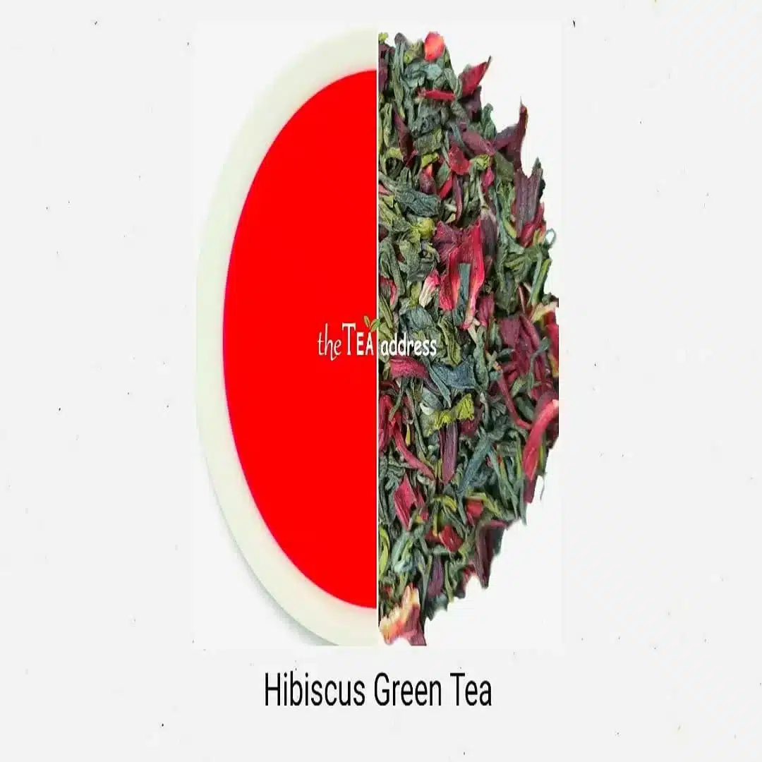 image of hibiscus green tea leaves and liquor