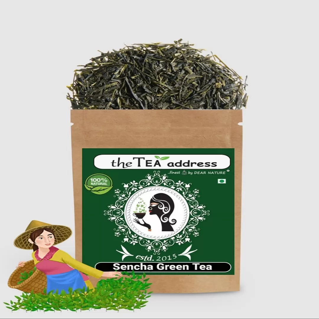 image of sencha green tea in standup pouch packing