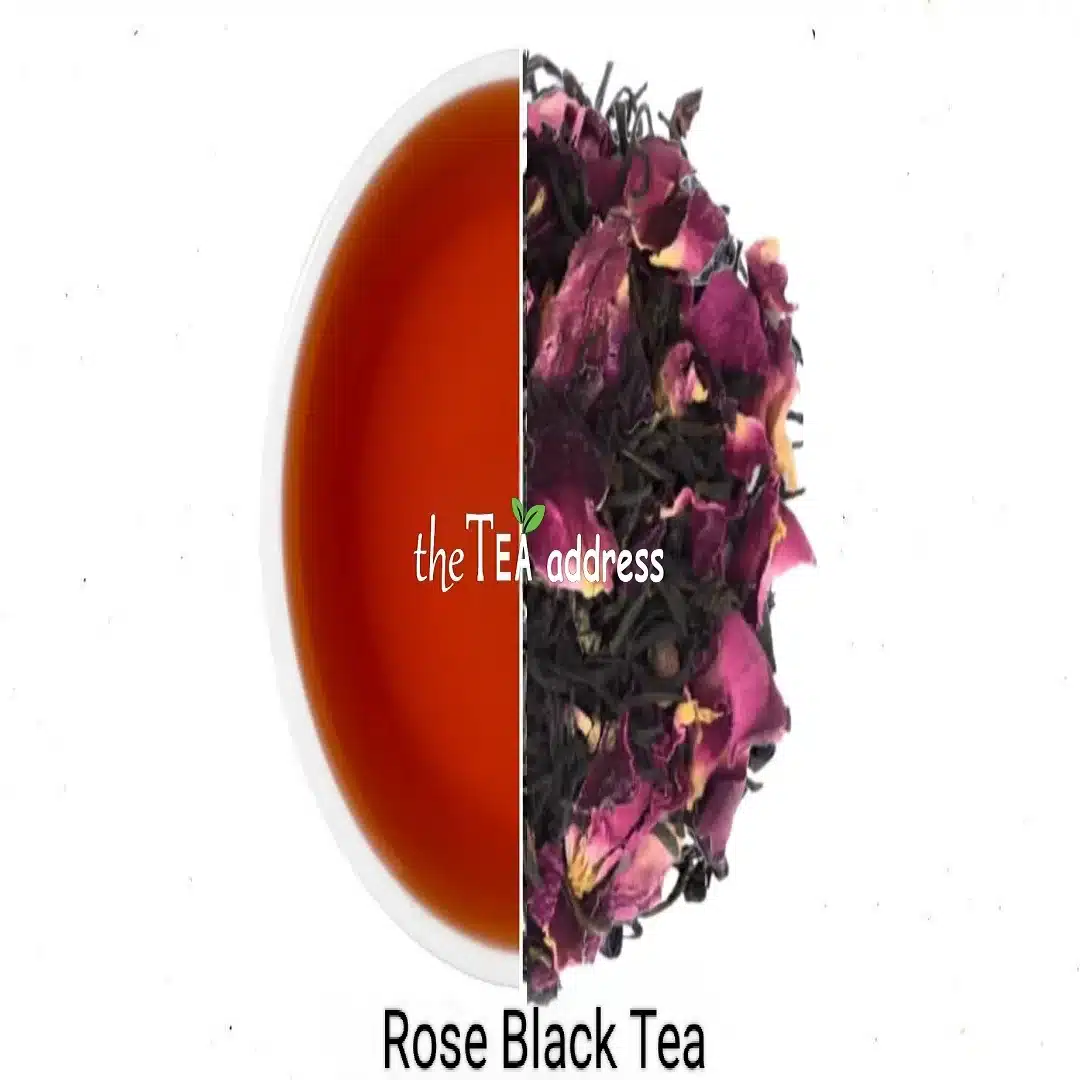 image of rose black tea leaves and liquor