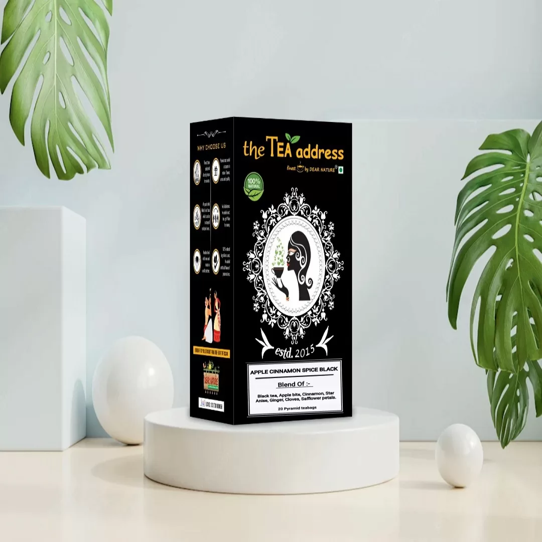 Image of apple cinnamon spice black tea packed in carton box containing 20 pyramid teabags