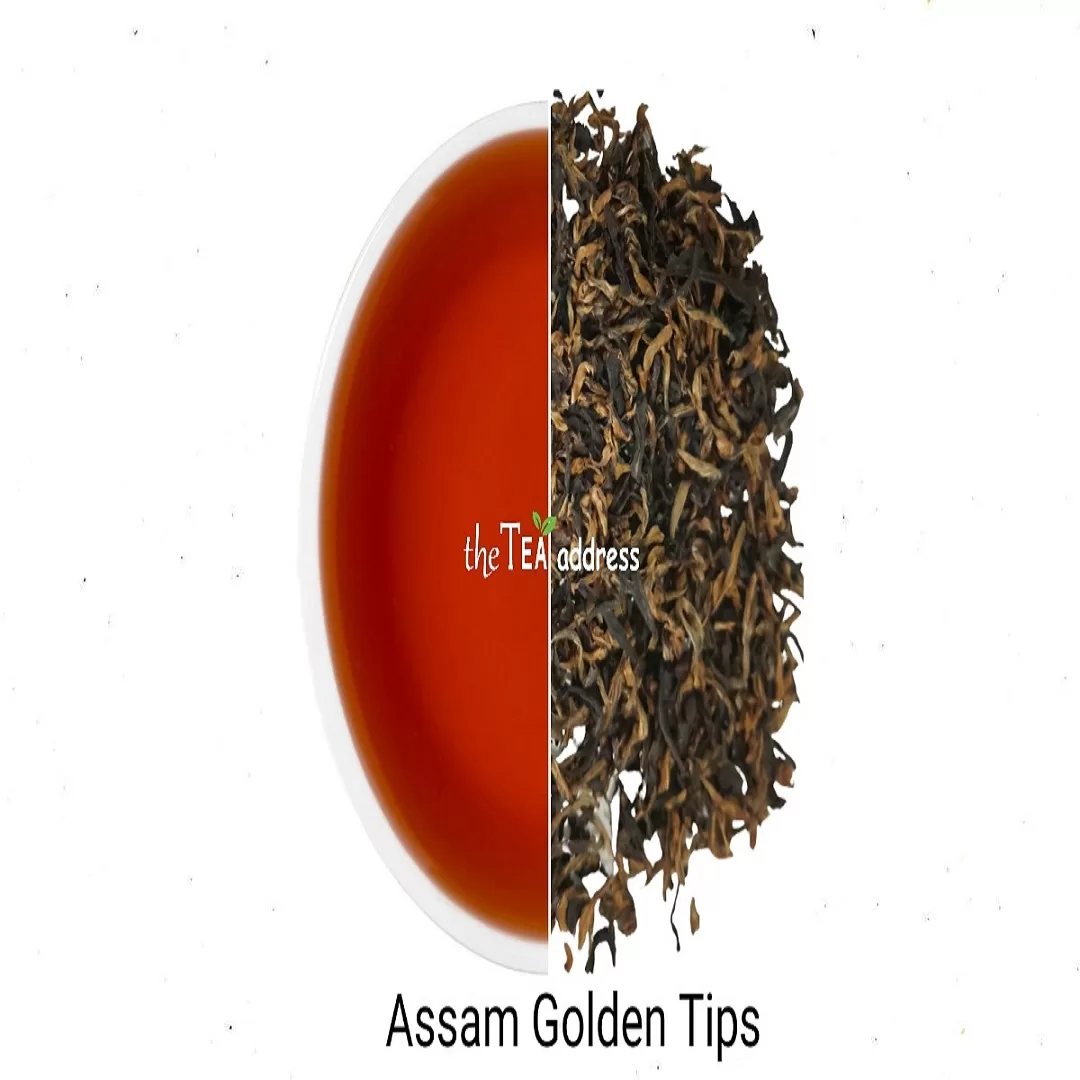 image of assam golden tips tea leaves and liquor