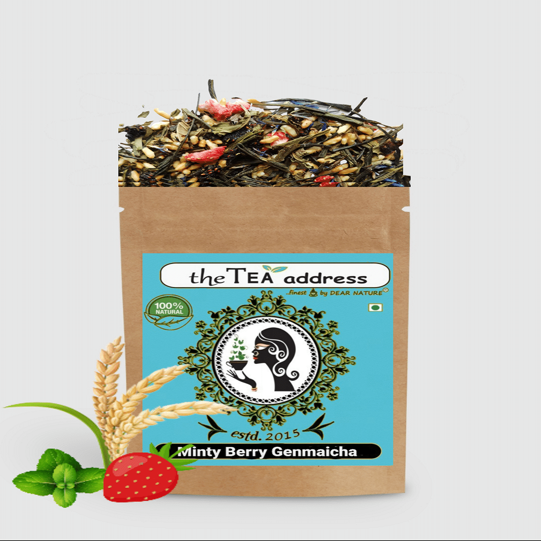 image of standup pouch packing of minty berry genmaicha