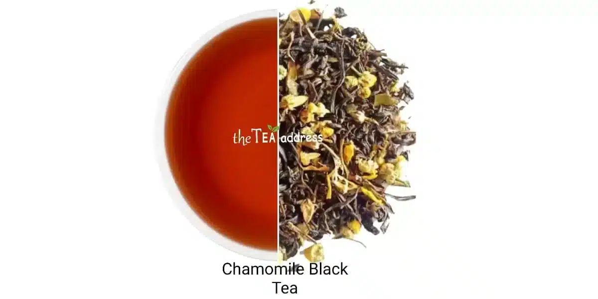 Image of chamomile black tea leaves and liquor