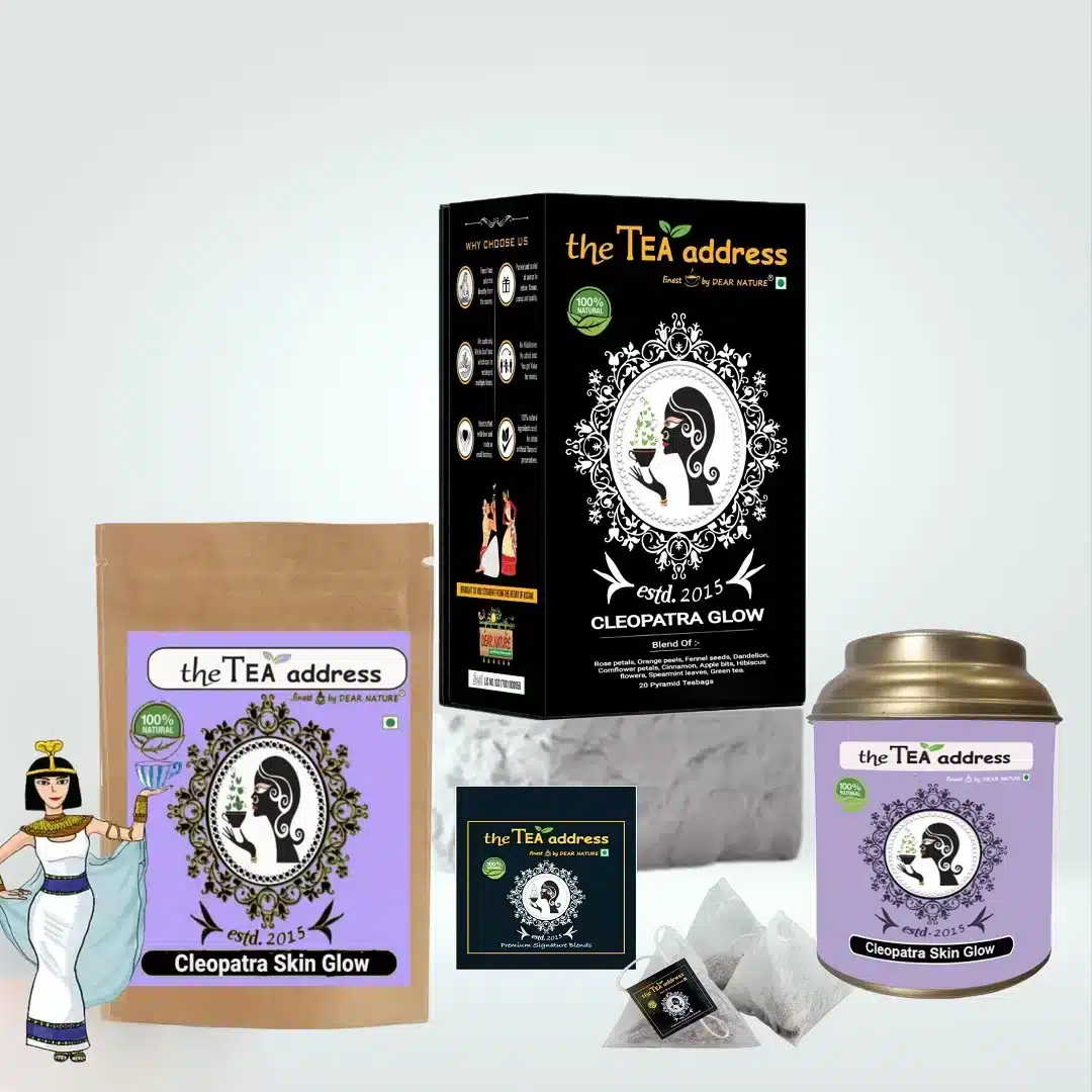 Image of cleopatra skin glow tea in different packings and arranged