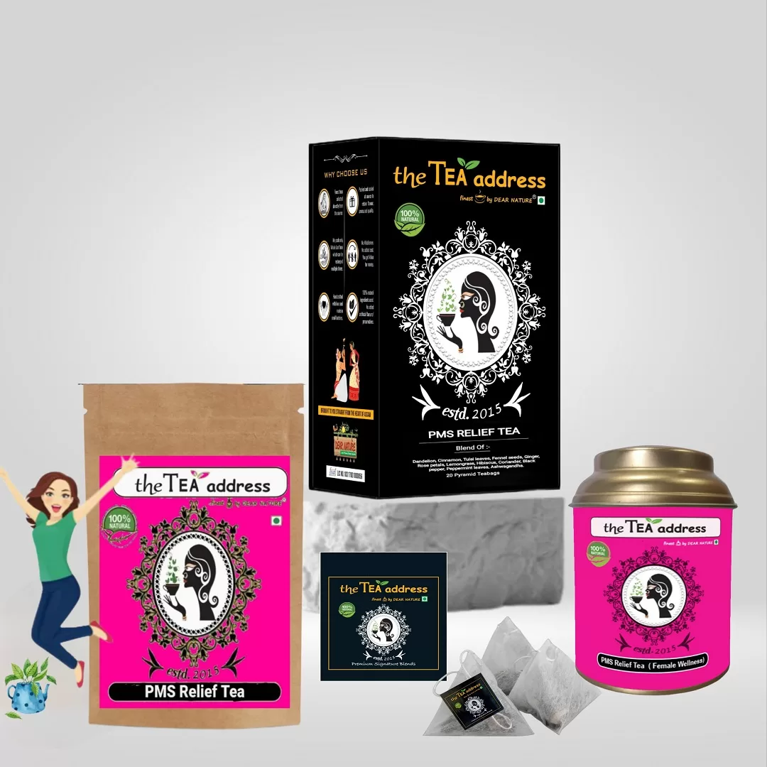 Image of pms relief tea in different packings and arranged