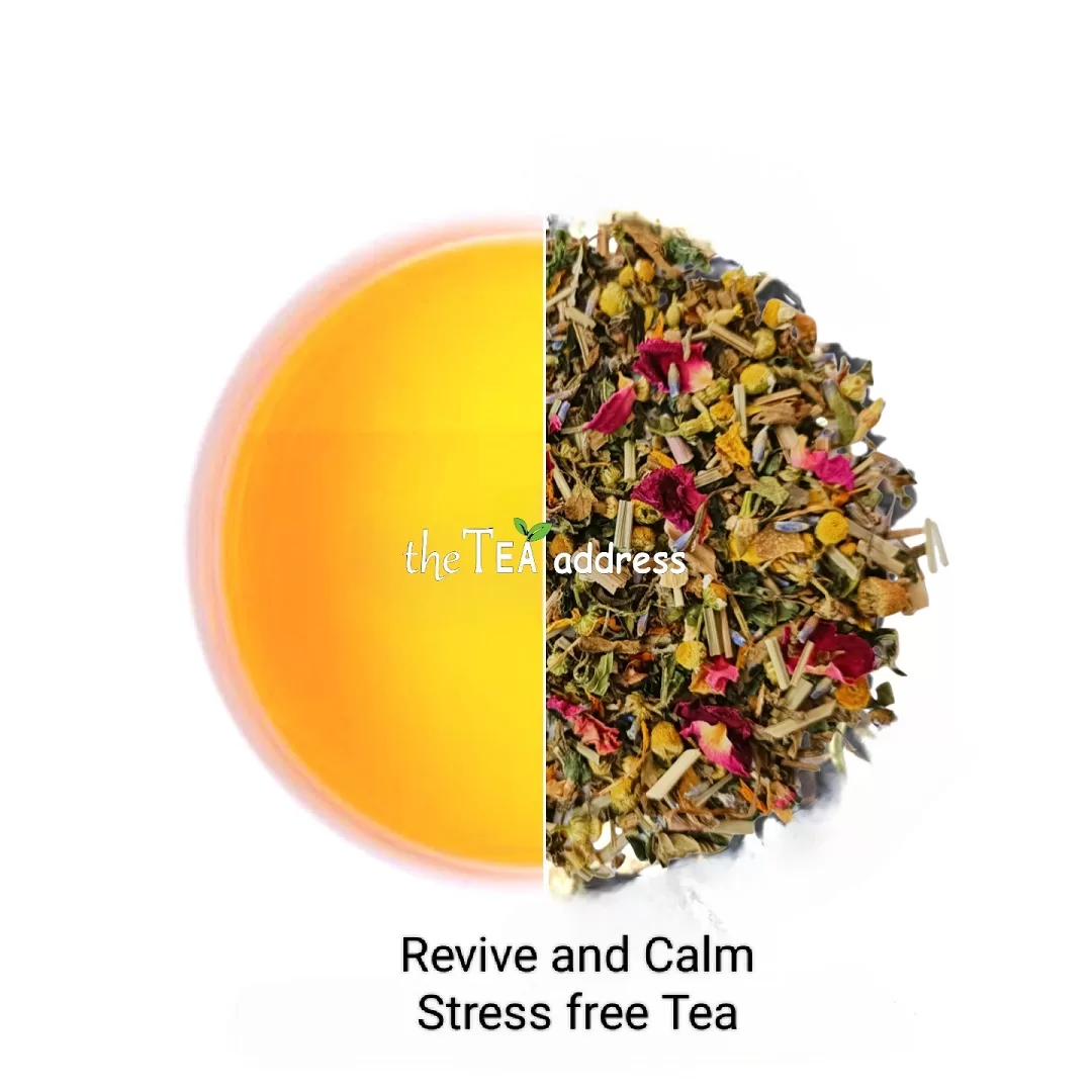 Image of revive and calm stress free tea leaves and liquor