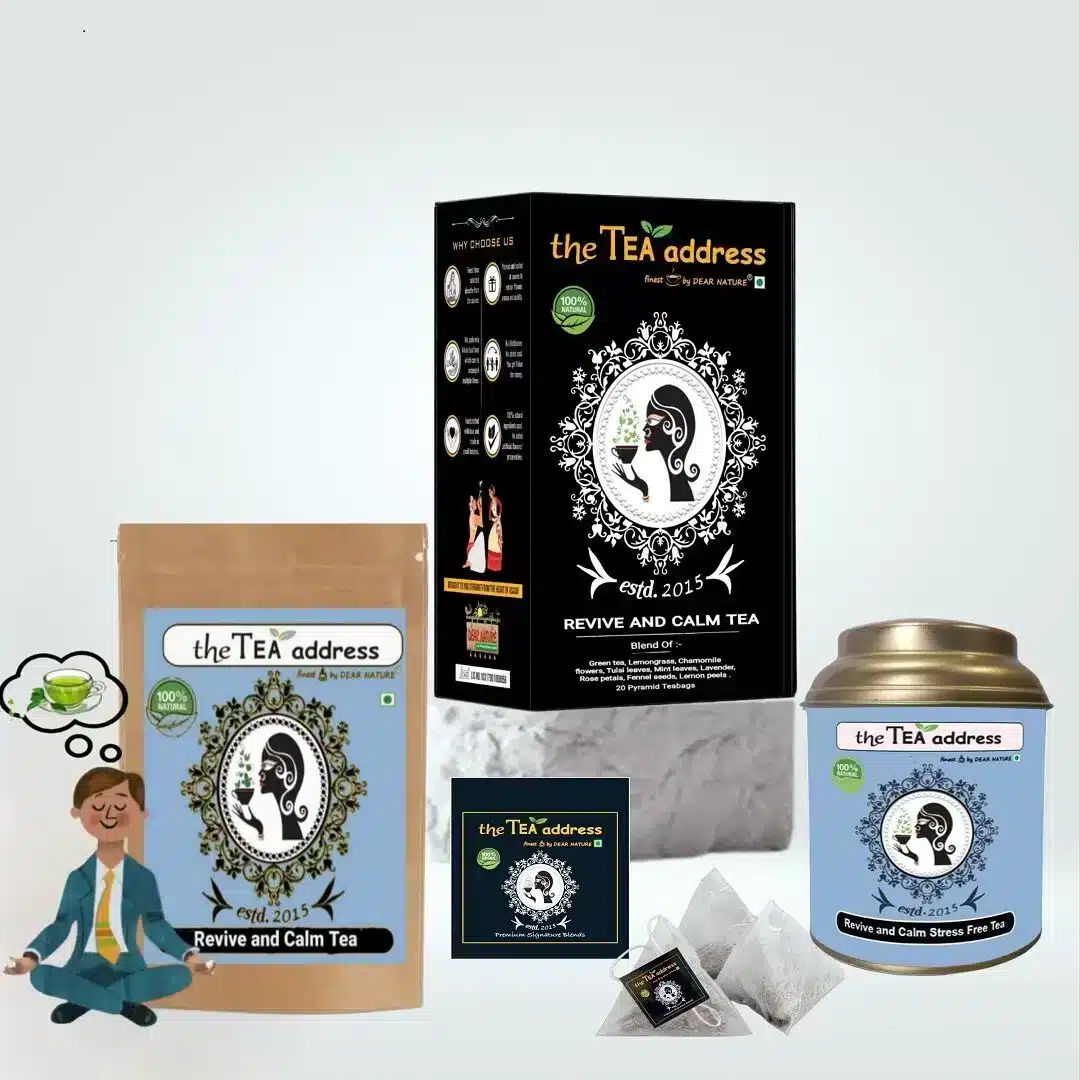 Image of revive and calm stress free tea packed in different packings and arranged