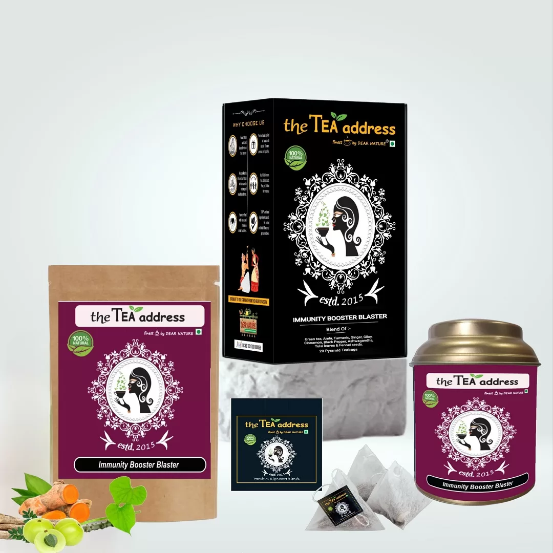 Image of immunity booster blaster tea packed in different packings and arranged