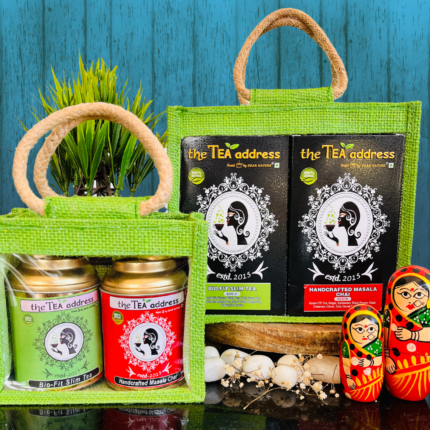 Eco-jutebag-combo-of-handcrafted-masala-chai-and-bio-fit slim tea variants image