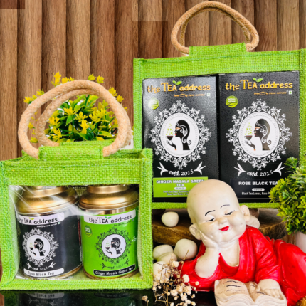 variants of eco jutebag combo of ginger masala green tea and rose black tea