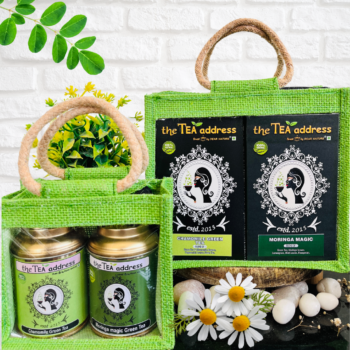 Eco jutebag variants of chamomile green tea and tulsi moringa magic