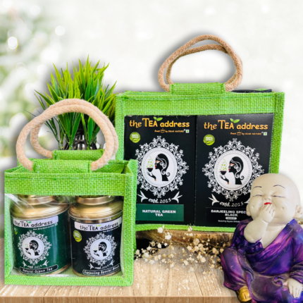 Eco jutebag combos of tins and teabags of darjeeling special black tea and natural green tea