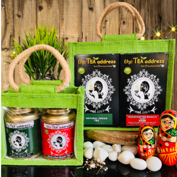 eco jutebag combo variants of tins and teabags of handcrafted masala chai and natural green tea