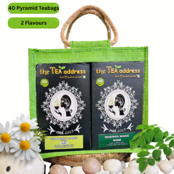 teabags combo of chamomile green tea and tulsi moringa magic in eco jutebag