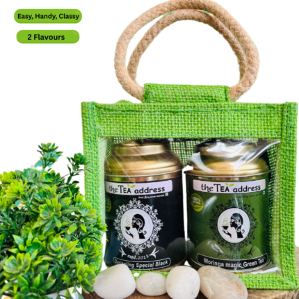 tins of eco jutebag combo of darjeeling special black and tulsi moringa magic