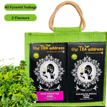 teabags of darjeeling special black and rose green tea eco jutebag
