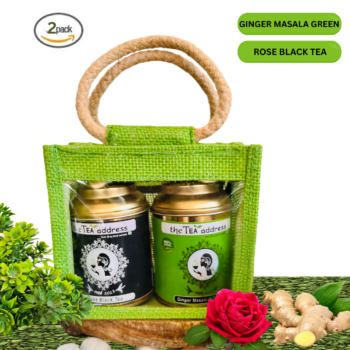 tins combo of ginger masala green tea and rose black tea in eco jutebags