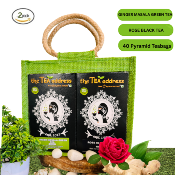 teabags combo of ginger masala green tea and rose black tea in eco jutebags