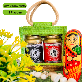 tin caddy variant of darjeeling special black tea and handcrafted masala chai in eco jutebag