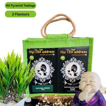 teabags in eco jutebag of darjeeling special black tea and natural green tea