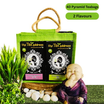teabags of Jasmine green tea and chamomile green tea eco jute bags variants
