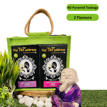 teabags of jasmine green tea and rose green tea in eco jutebag