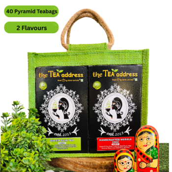 teabags of handcrafted masala chai and bio fit slim tea in eco jutebag