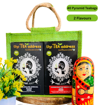 teabags of darjeeling special black tea and handcrafted masala chai in eco jutebag