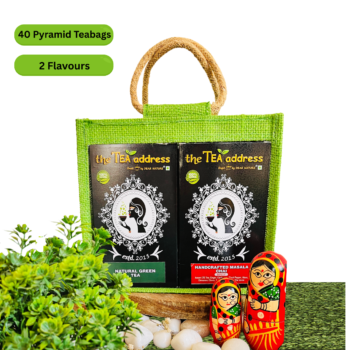 teabags of handcrafted masala chai and natural green tea in eco jutebag