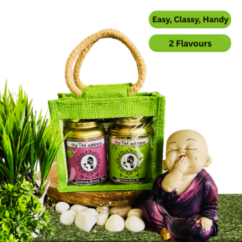 tins of Jasmine green tea and chamomile green tea eco jute bags variants