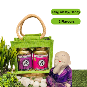 tins of jasmine green tea and rose green tea in eco jutebag