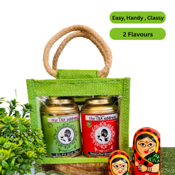 Eco-jutebag-combo-of tins of handcrafted-masala-chai-and-bio-fit-slim-tea