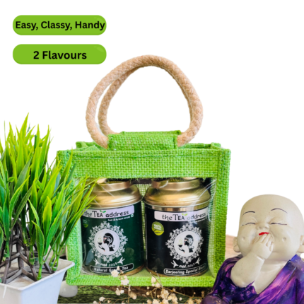 tins in eco jutebag of darjeeling special black tea and natural green tea