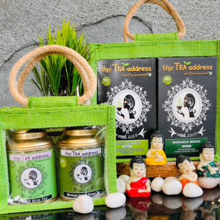 image of ecojutebag variation of tins and teabags of tulsi moringa magic and bio fit slim tea