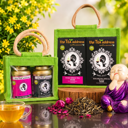 image of eco jutebag of rose green tea and darjeeling special black