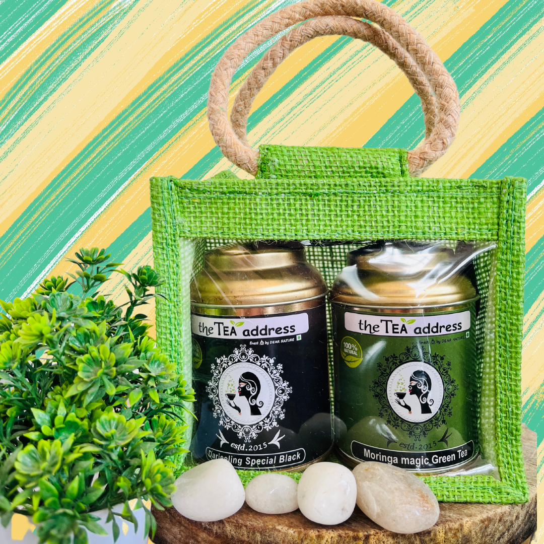 eco jutebag with golden tin caddies