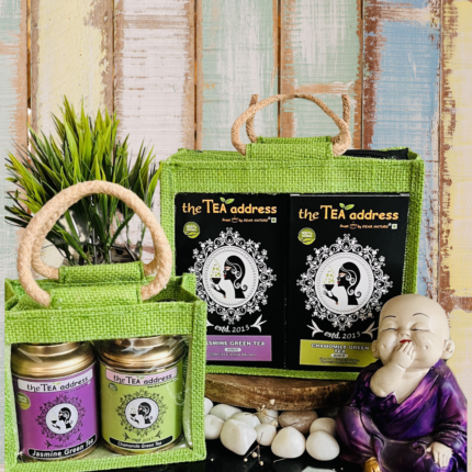 Jasmine green tea and chamomile green tea eco jute bags variants
