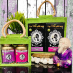 eco jutebag variants of tins and teabags of jasmine green tea and rose green tea