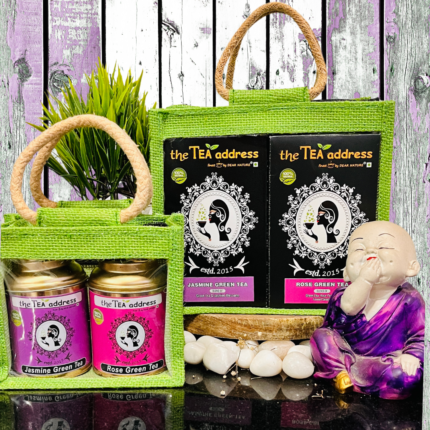 eco jutebag variants of tins and teabags of jasmine green tea and rose green tea