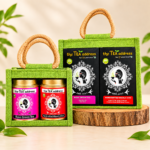 image of jutebags of tins and teabags of handcrafted masala chai and rose green tea