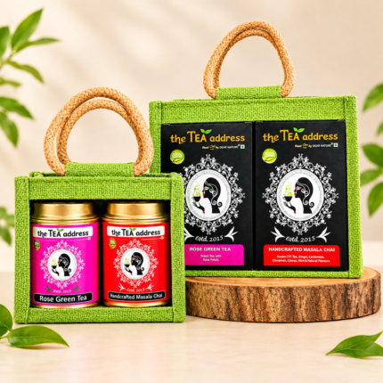 image of jutebags of tins and teabags of handcrafted masala chai and rose green tea