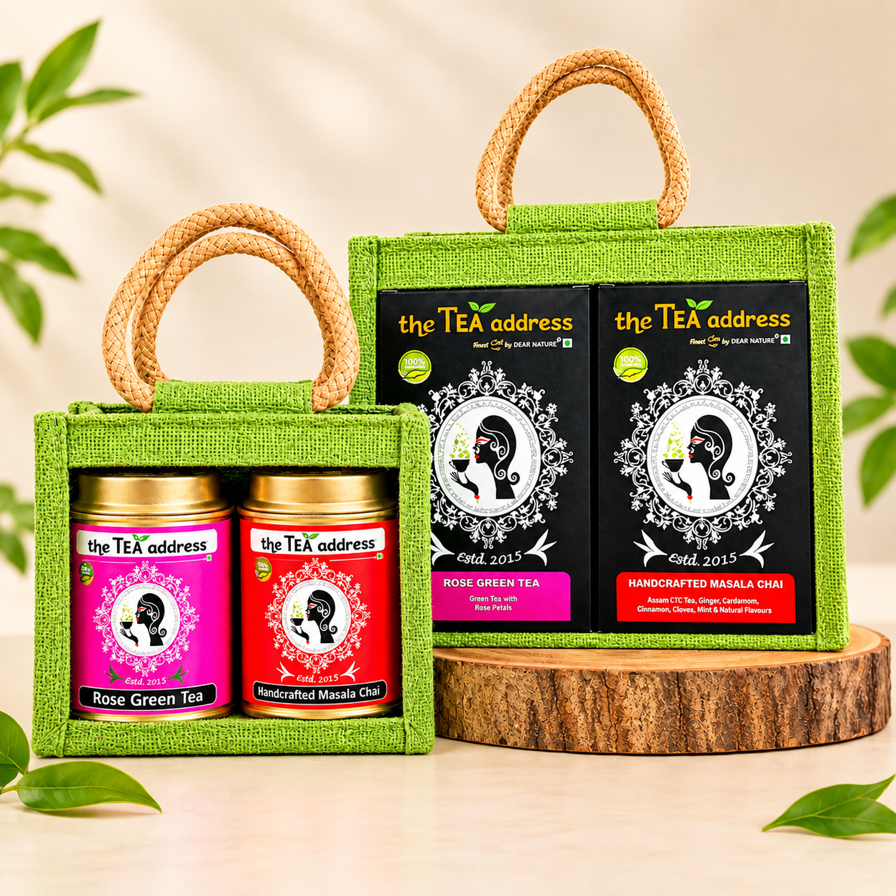 eco jutebag of hmc and rose green tea image of jutebags of tins and teabags of handcrafted masala chai and rose green tea